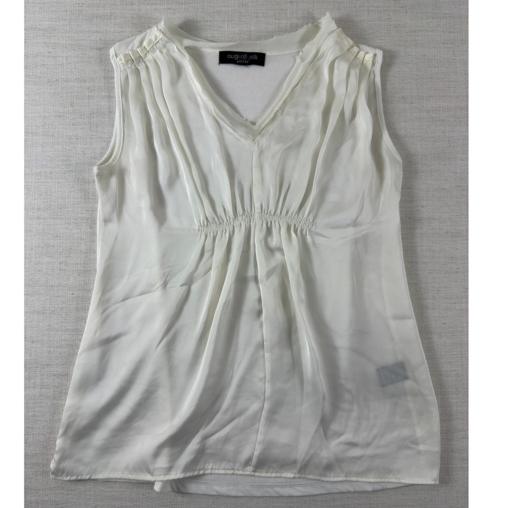 August Silk Petite White V-Neck Pleated Empire Waist Sleeveless Blouse Top